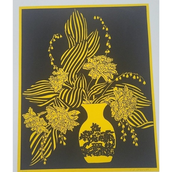 C.S. Shawver Beautiful Yellow Floral Black Background Art Lithograph Print 7/90 - Picture 2 of 6